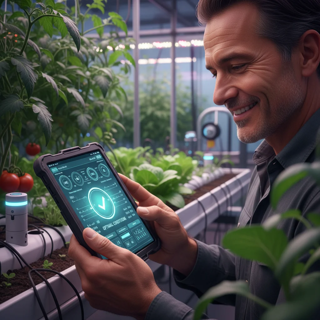 Agricultor español utilizando una tablet para monitorear cultivos en un invernadero, mostrando la agricultura de precisión.