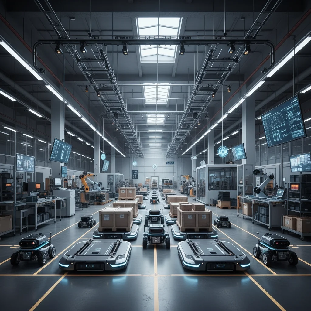 Automated guided vehicles moving materials in a smart factory, illustrating logistical automation and efficiency.