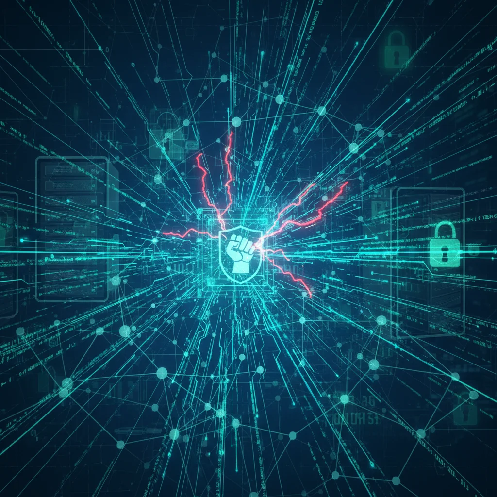 Abstract visualization of AI and machine learning algorithms forming neural networks, representing AI-driven cyber threats.