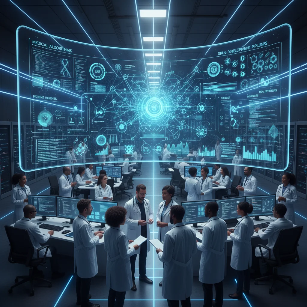 AI-driven drug discovery process with medical professionals collaborating on data analysis.