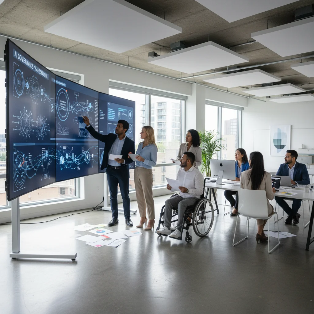 Diverse team collaborating on AI governance and risk management strategies