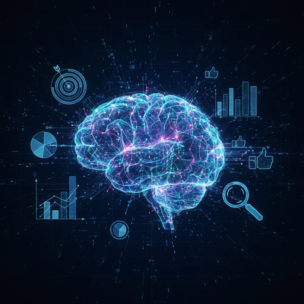 Abstract AI neural network interacting with marketing campaign data and analytics
