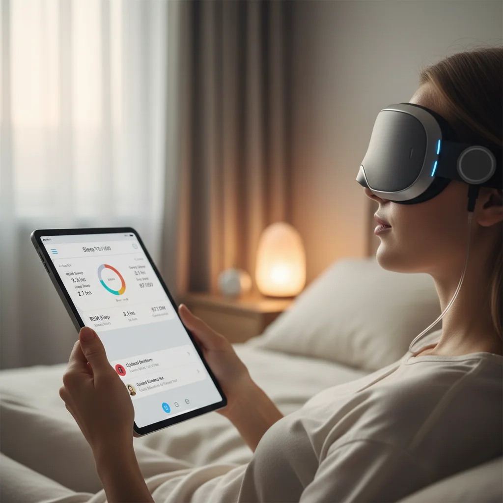 Person using an AI-powered sleep tracking mask with a tablet