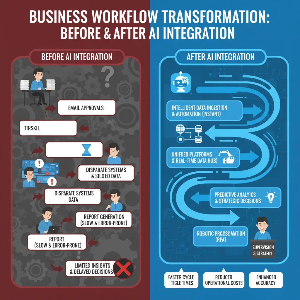 Infographic illustrating AI transforming manual business workflows into automated and efficient processes.