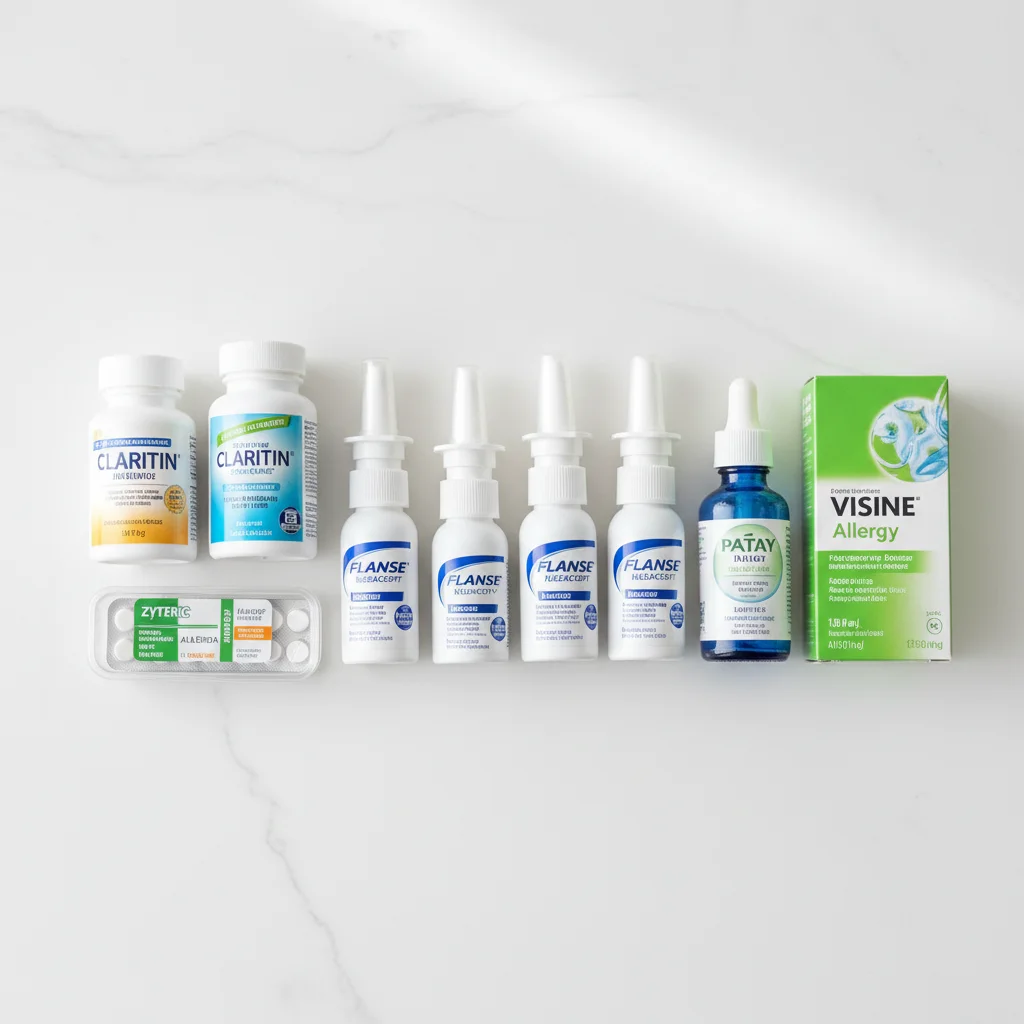 Array of allergy relief medications like nasal sprays and antihistamines for spring 2026.