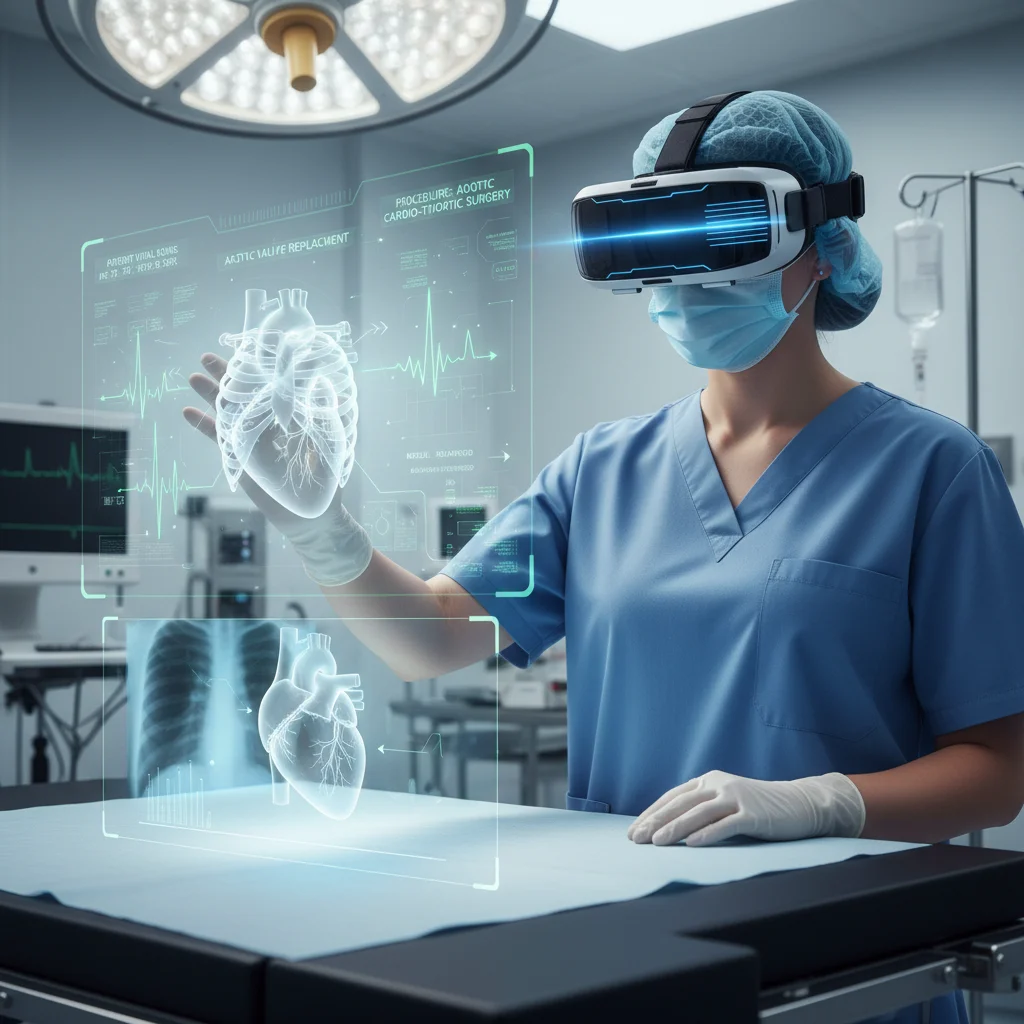 Medical professional using augmented reality for advanced surgical planning or detailed anatomical visualization in a healthcare setting.