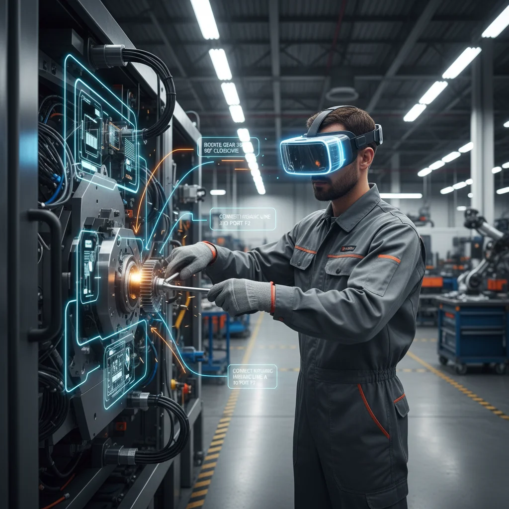 Factory worker performing maintenance with augmented reality overlay, showing real-time instructions and enhanced precision.