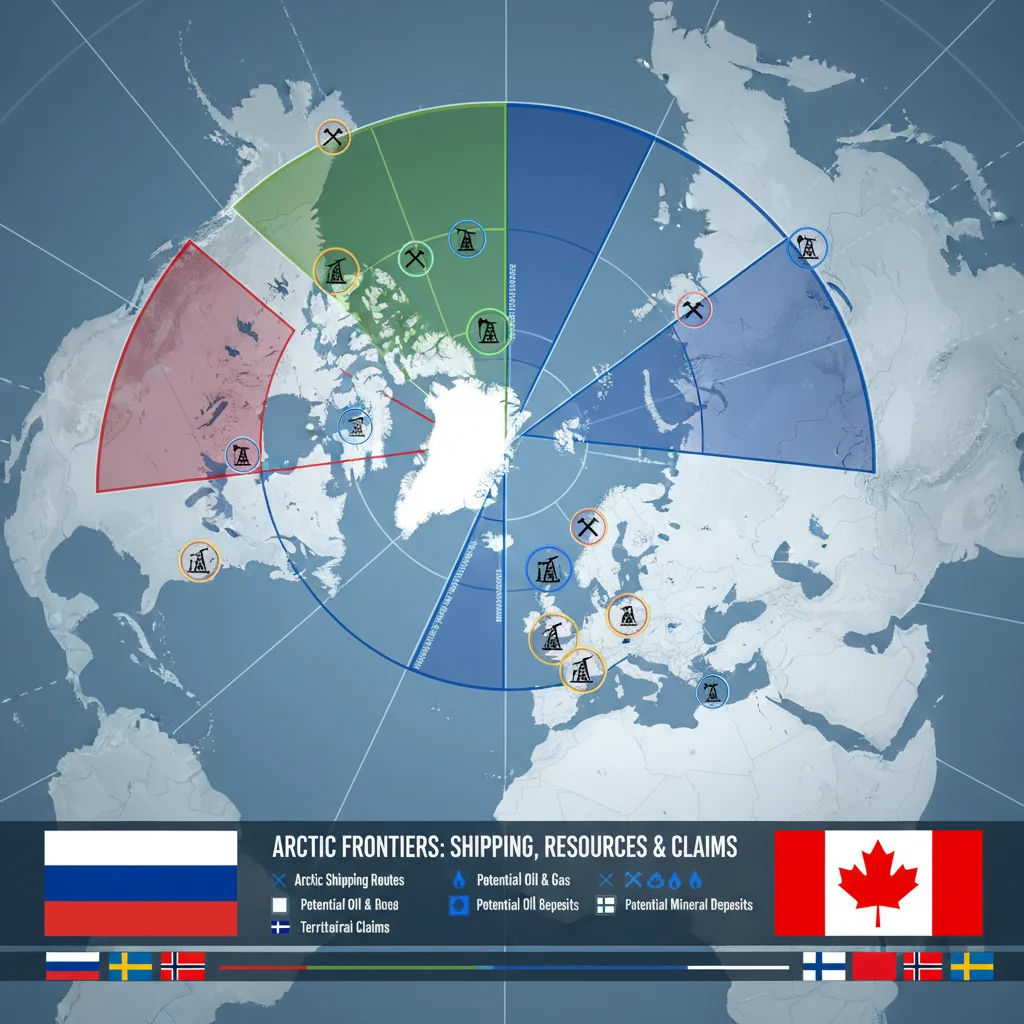 Detailed map of Arctic shipping routes, resource deposits, and territorial claims.