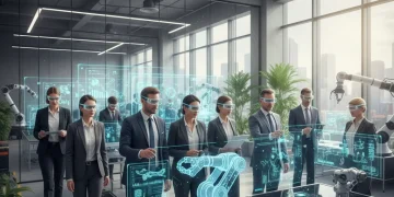 Augmented Reality Boosts US Workforce Productivity by 10% in 2026 Professionals using augmented reality headsets to enhance productivity in various work environments, showcasing innovation and collaboration.