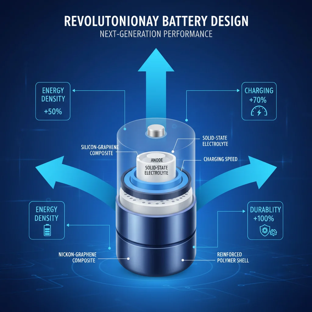 Infographic showing improved energy density and charging speed of new battery design.
