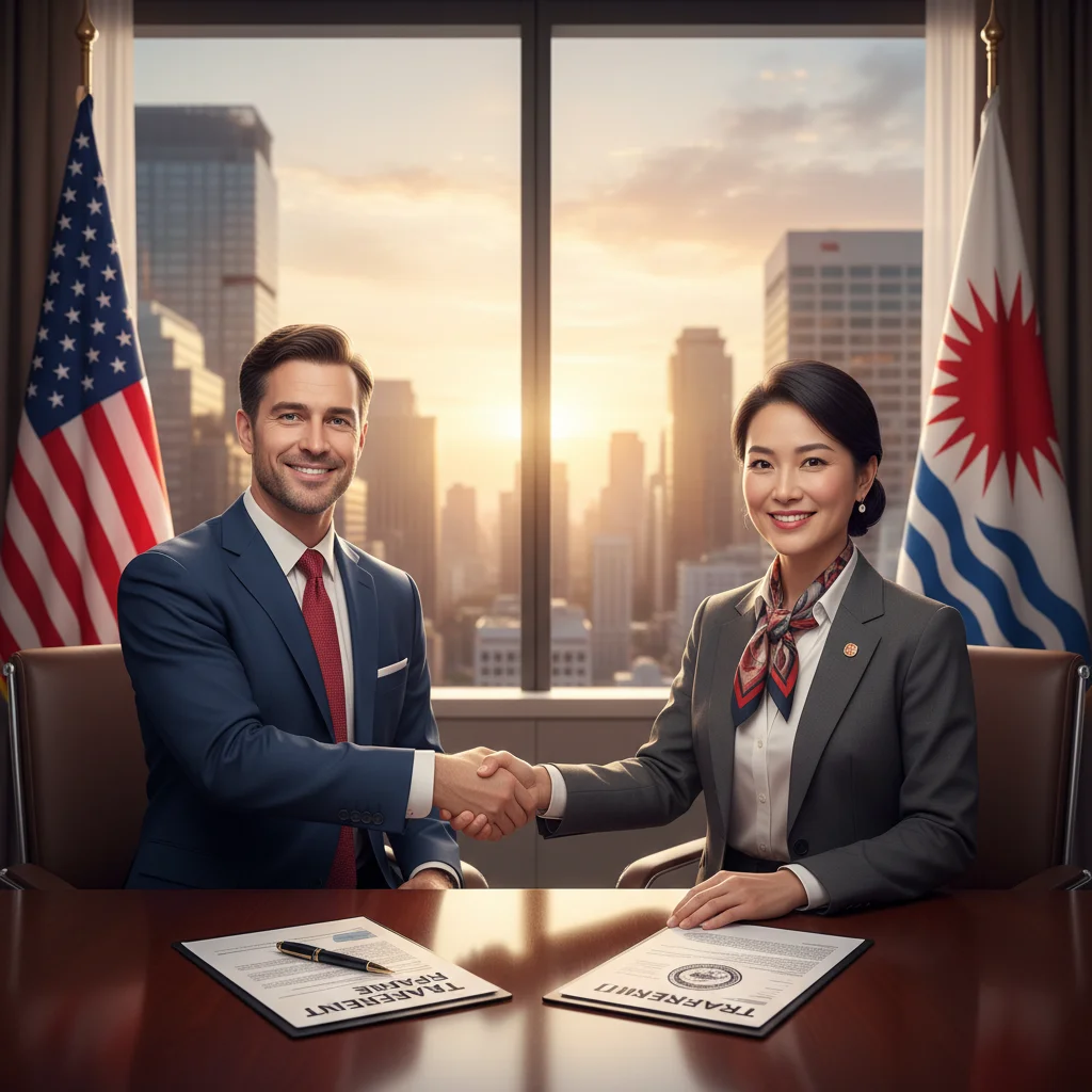 U.S. and foreign trade representatives finalizing a bilateral agreement.