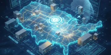 Blockchain technology integrating with a global supply chain network, emphasizing transparency and efficiency.