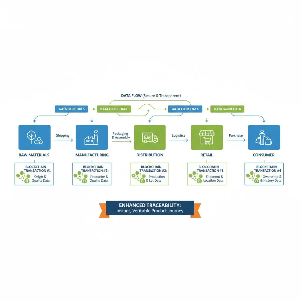 Infographic illustrating blockchain's role in end-to-end supply chain traceability.