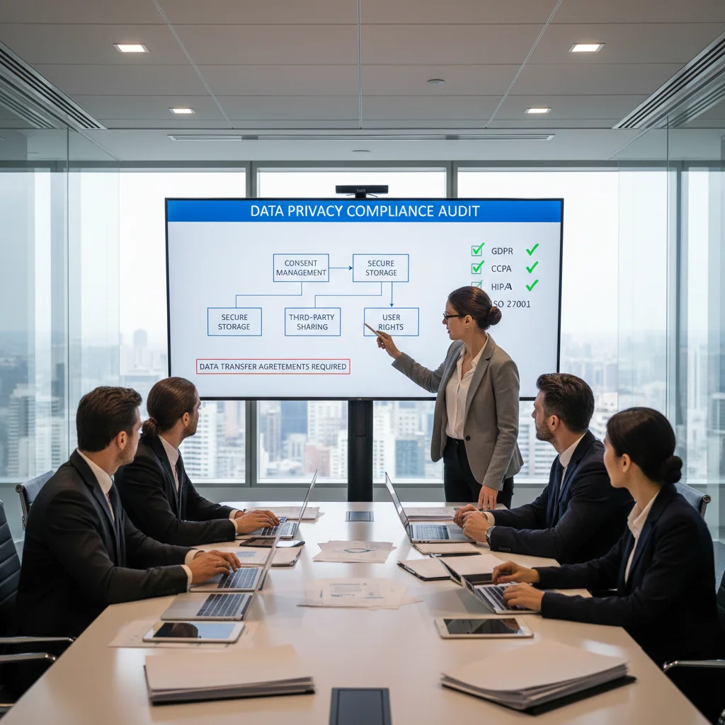 Business team reviewing data privacy policies and compliance checklists