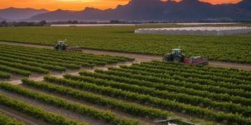 Campo agrícola moderno en España al atardecer con sistemas de riego avanzados y un dron, simbolizando la innovación agrícola.