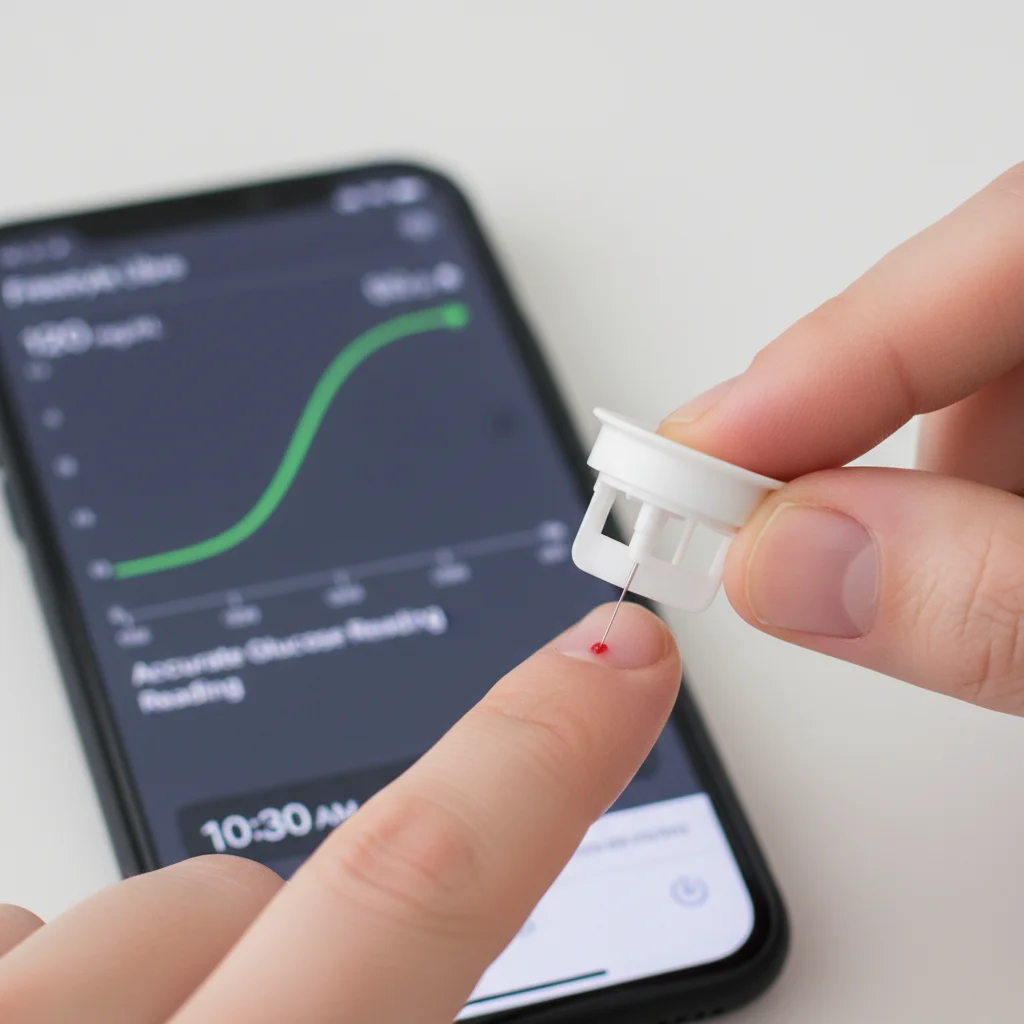 Continuous glucose monitoring device displaying real-time data on a smartphone