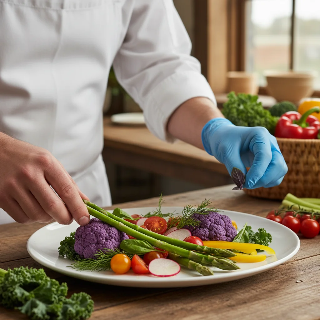 Manos de chef emplatando verduras orgánicas frescas de proximidad.