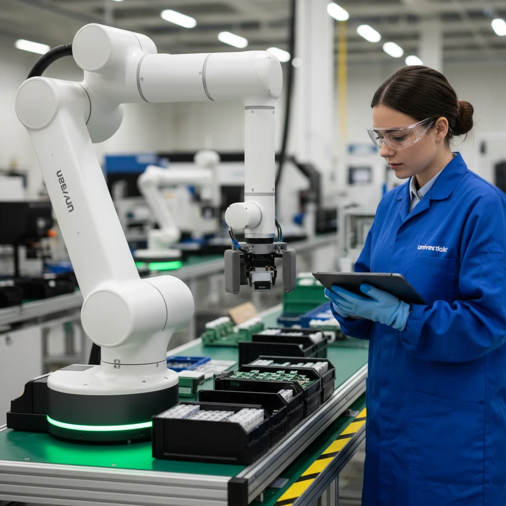 Collaborative robot assisting a human worker on a production line, highlighting human-robot collaboration.