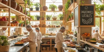 Chefs en una cocina moderna preparando alimentos sostenibles en un restaurante español ecológico.