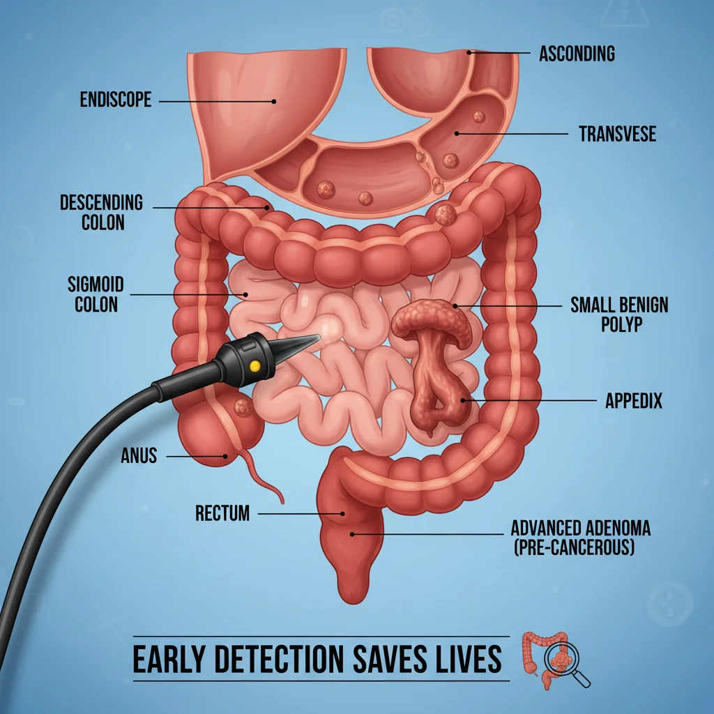 Illustration of a colonoscopy procedure highlighting early detection for colon health.