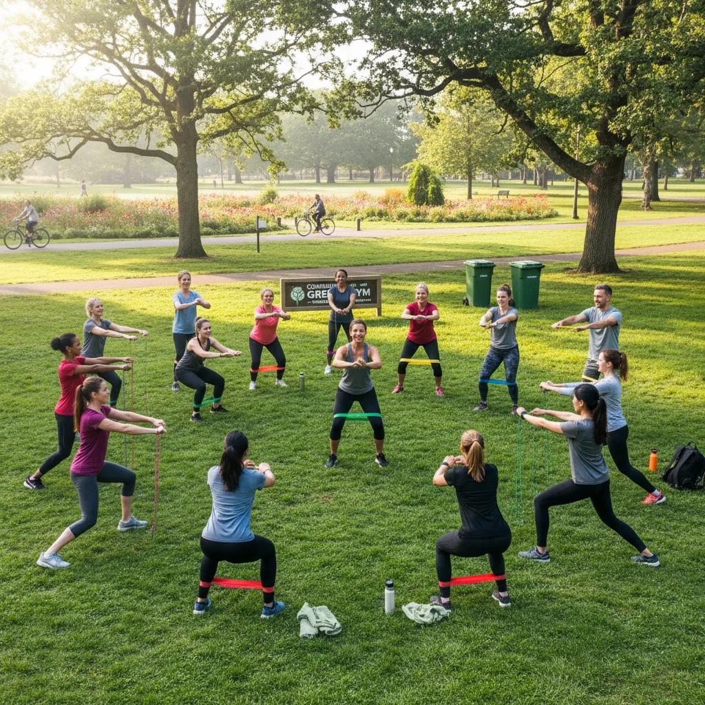 Community fitness class outdoors, emphasizing social and sustainable exercise.