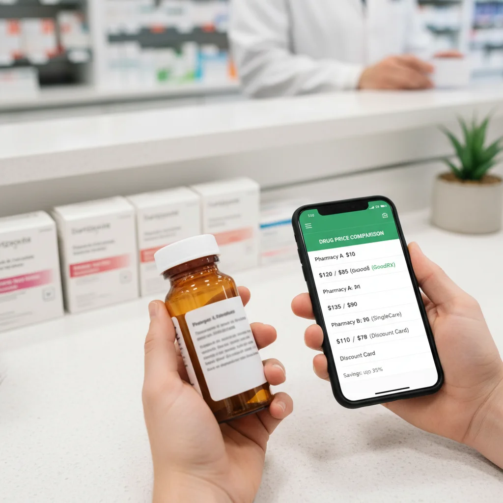 Person comparing prescription drug prices using a smartphone app
