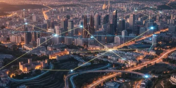 Mapa digitalizado de España con líneas de alta velocidad iluminando ciudades y zonas rurales, simbolizando la conectividad extendida.