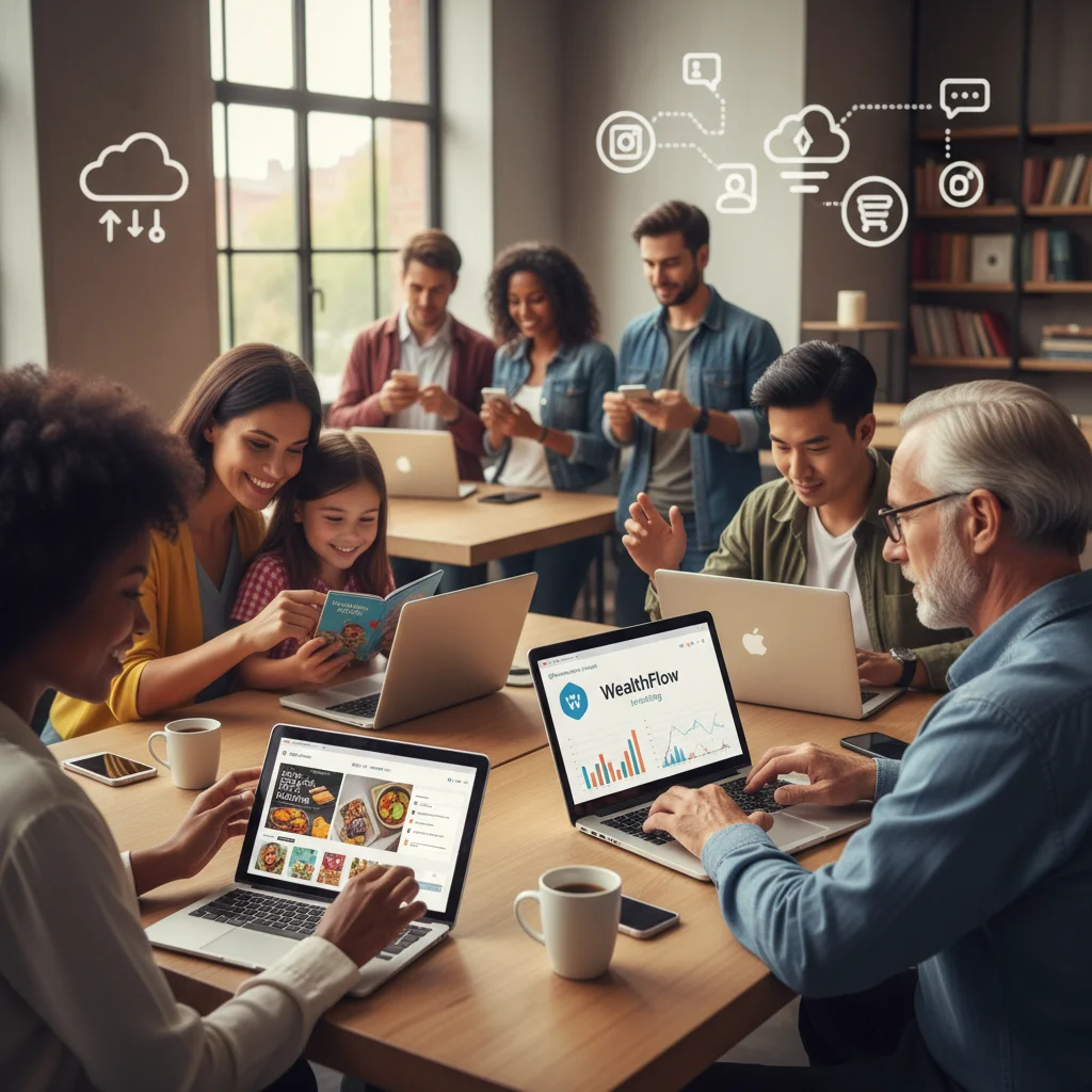 Diverse consumers engaging with personalized subscription services on digital devices.