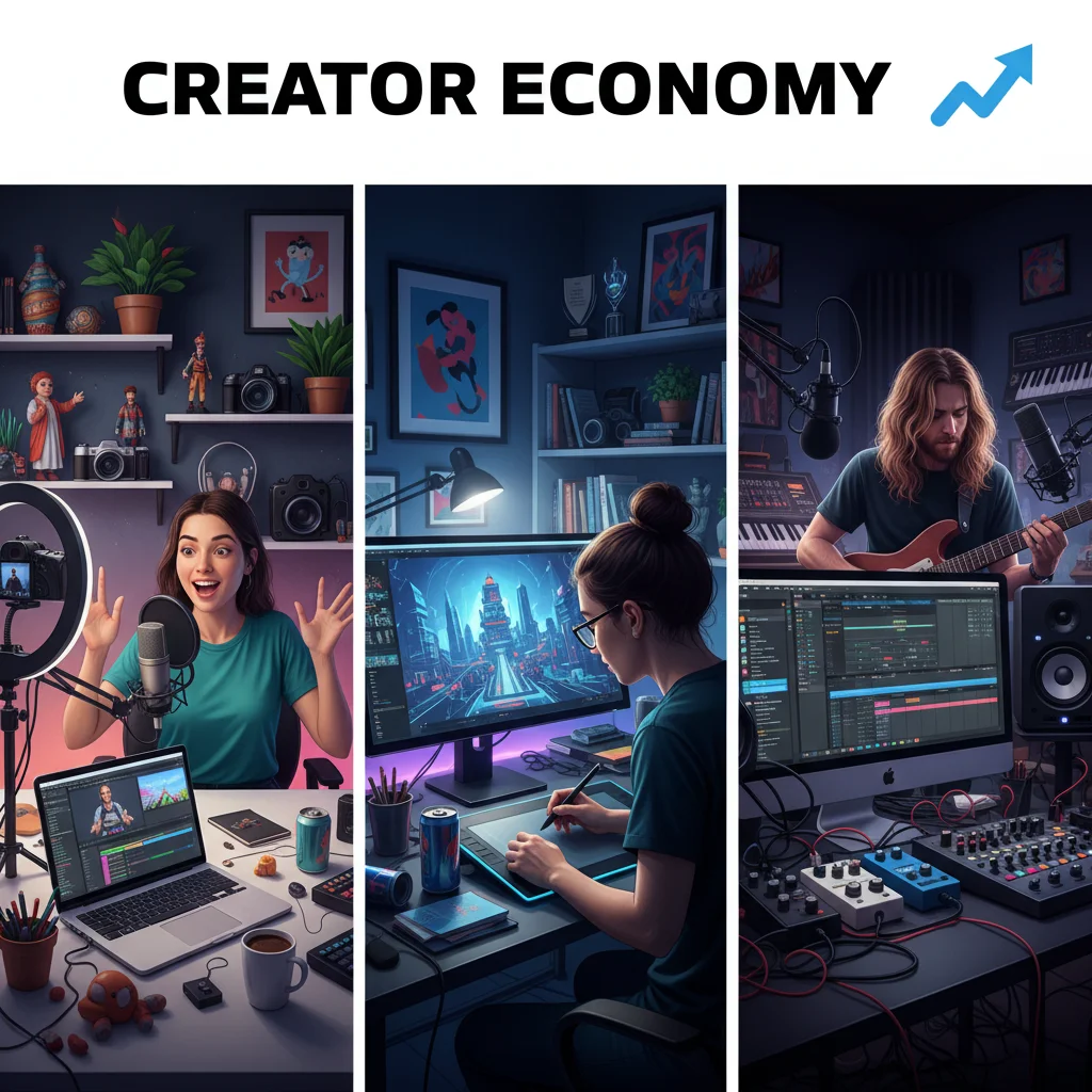Multiple content creators actively producing digital content in a modern creative space.