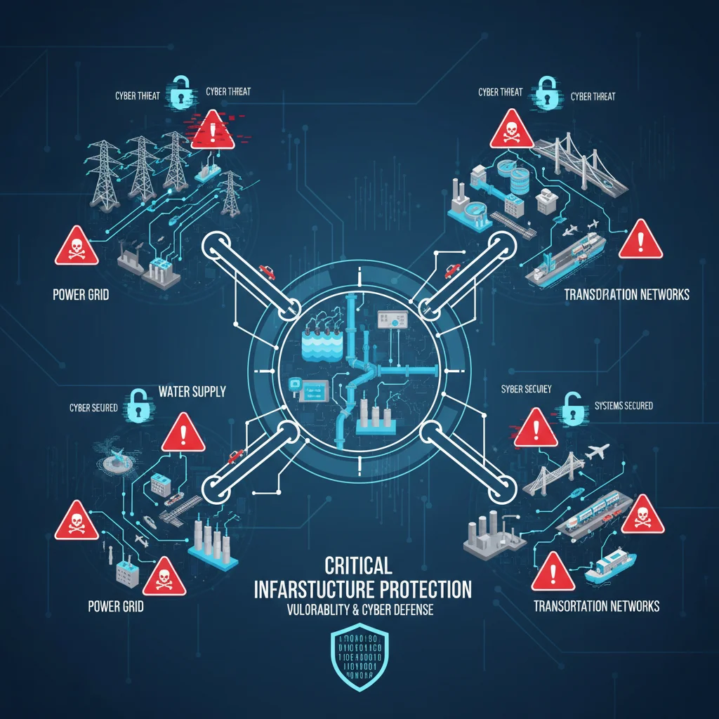 Infographic depicting critical infrastructure systems with cybersecurity threats and protective measures.