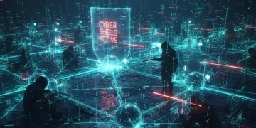 Futuristic digital battlefield with glowing data streams and network nodes, symbolizing cyber warfare in 2026.
