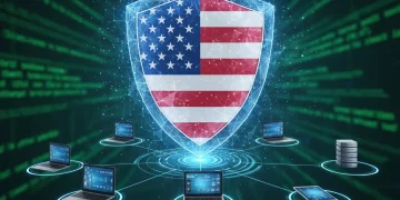 Digital shield protecting a network, symbolizing robust cybersecurity for US businesses.