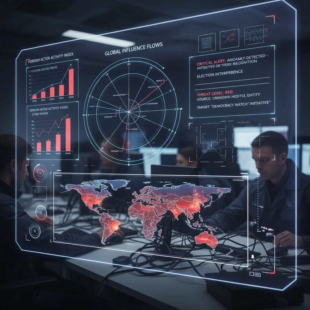 Digital interface showing data analysis for identifying foreign influence operations.