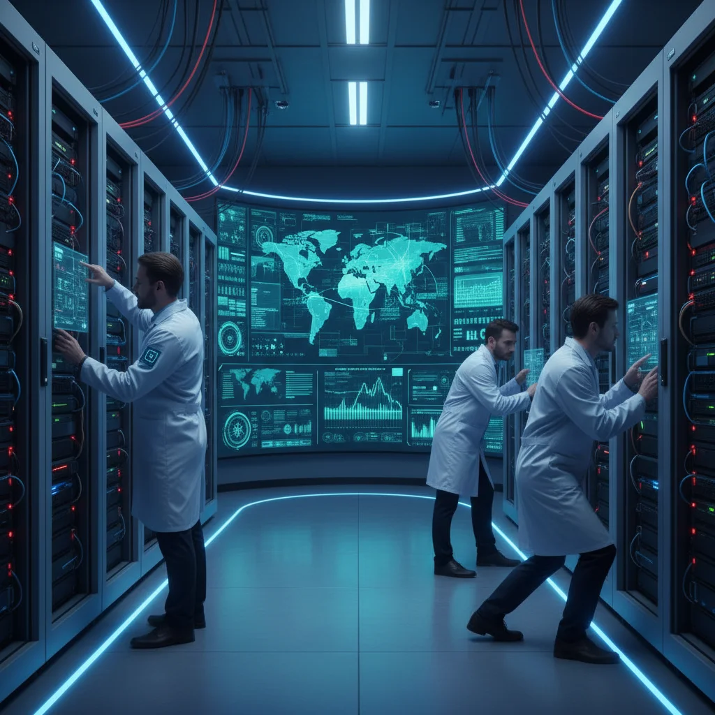 Engineers monitoring advanced server systems in a modern data center, focusing on efficiency and optimization.