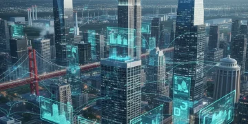 Futuristic cityscape with digital twin technology overlays and data streams