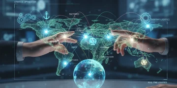 Decoding U.S. Supply Chain Shifts: 4 Critical Changes for Businesses Digital global supply chain network over US map with interactive elements