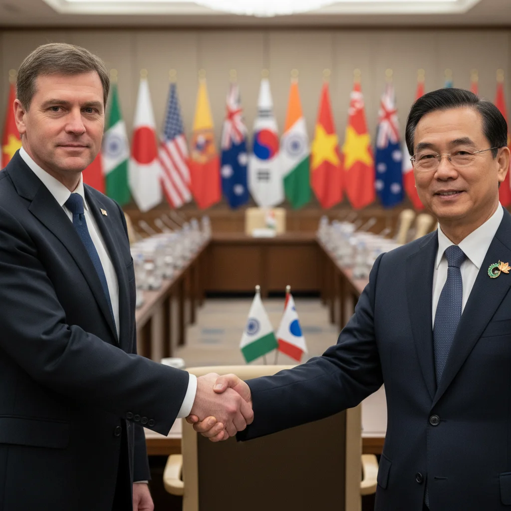 Diplomatic handshake symbolizing U.S. and Asian nation alliance, fostering regional cooperation.