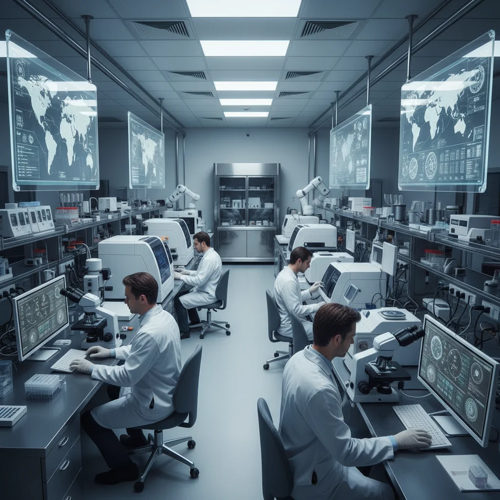 Scientists in a lab conducting disease surveillance and early detection research.