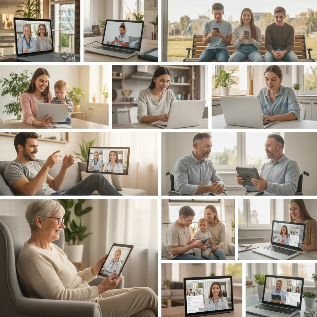 Diverse individuals accessing telehealth on various devices