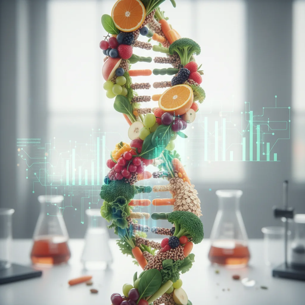 DNA helix intertwined with healthy food, representing genomic nutrition.
