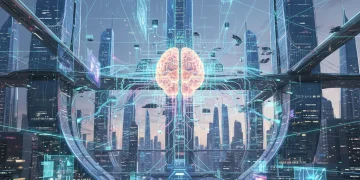 Futuristic cityscape with glowing network connections representing Edge AI processing at the edge.