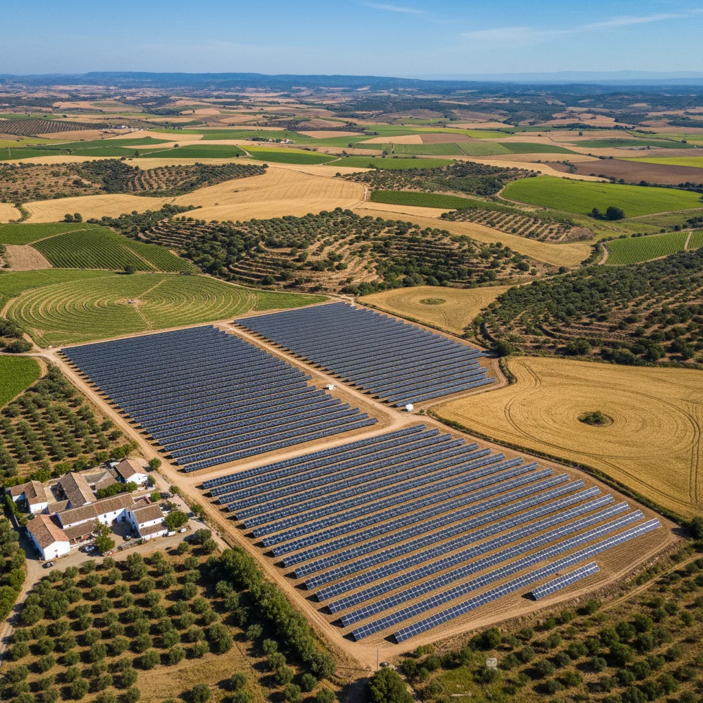 Paneles solares integrados en un paisaje agrícola español, destacando la energía renovable en la agricultura.