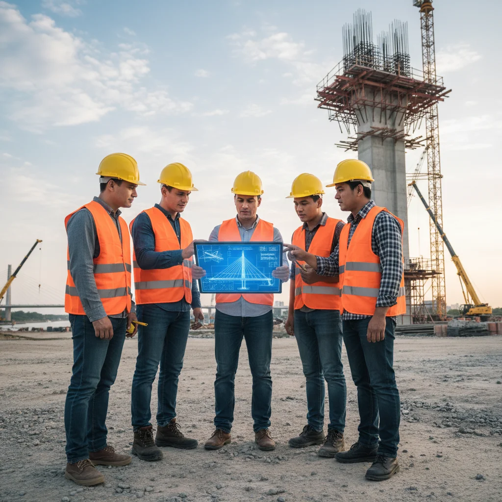 Construction workers using digital blueprints on a bridge construction site, highlighting technology in infrastructure.