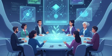 Diverse team collaborating on ethical AI development with glowing interfaces and a Q3 2026 deadline.