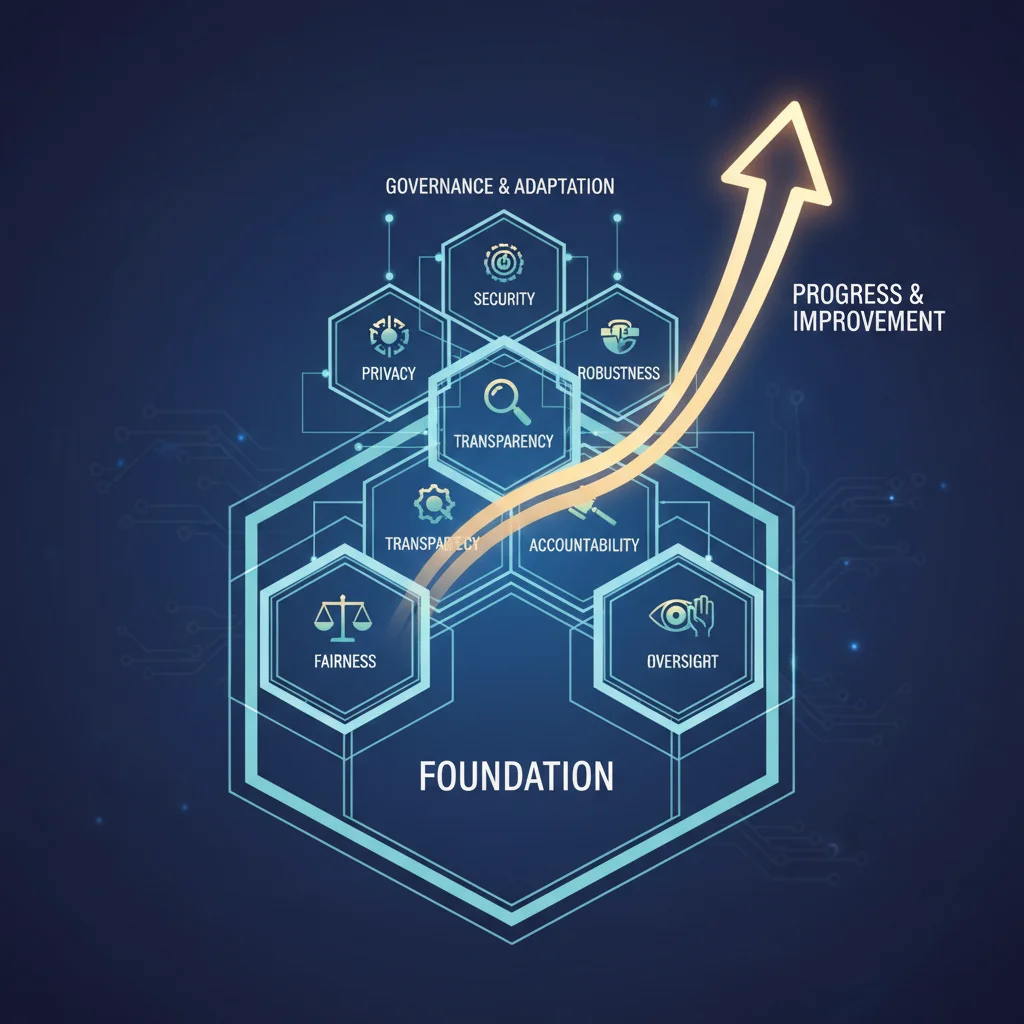 Diagram illustrating a comprehensive ethical AI framework with fairness, transparency, and accountability layers.