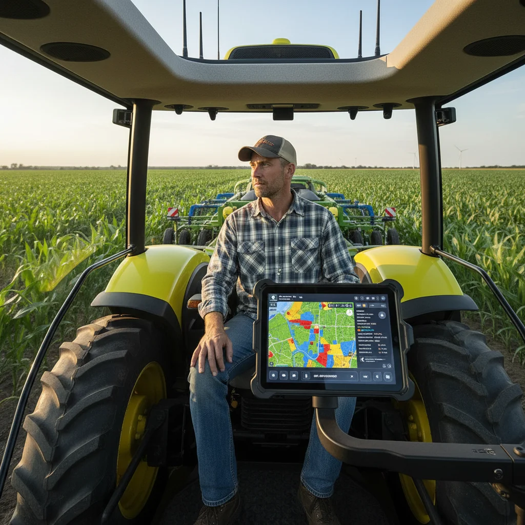 Farmer utilizing satellite data for real-time crop monitoring and precision agriculture