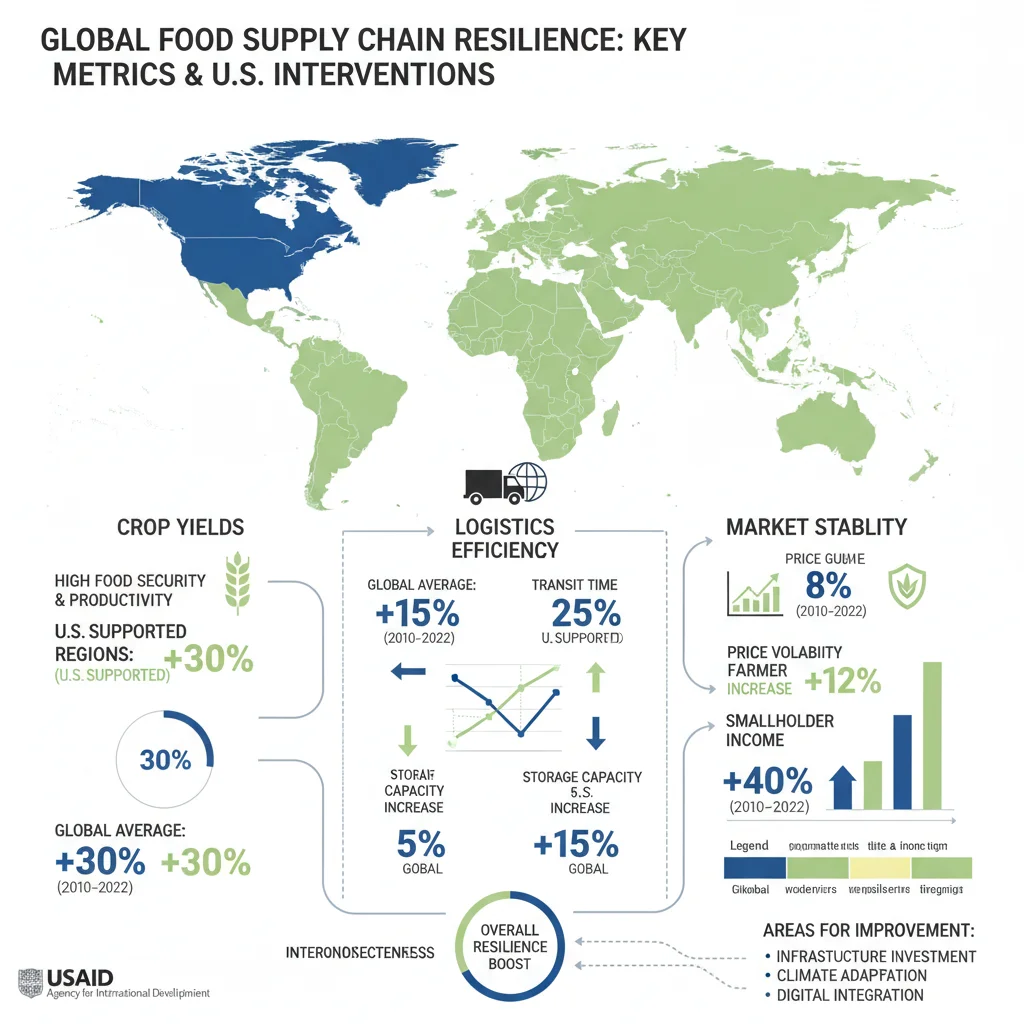 Infographic on global food supply chain resilience and agricultural productivity improvements.