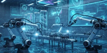 Futuristic factory with 5G connectivity enabling robotics and data insights