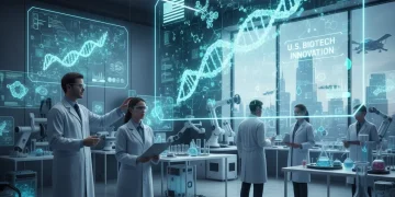 Biotech Innovations: Revolutionizing US Healthcare by 2027 Scientists analyzing biotech data in a state-of-the-art U.S. laboratory, symbolizing healthcare revolution.