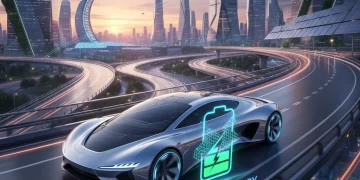 Futuristic electric vehicle with next-gen battery graphic and extended range.